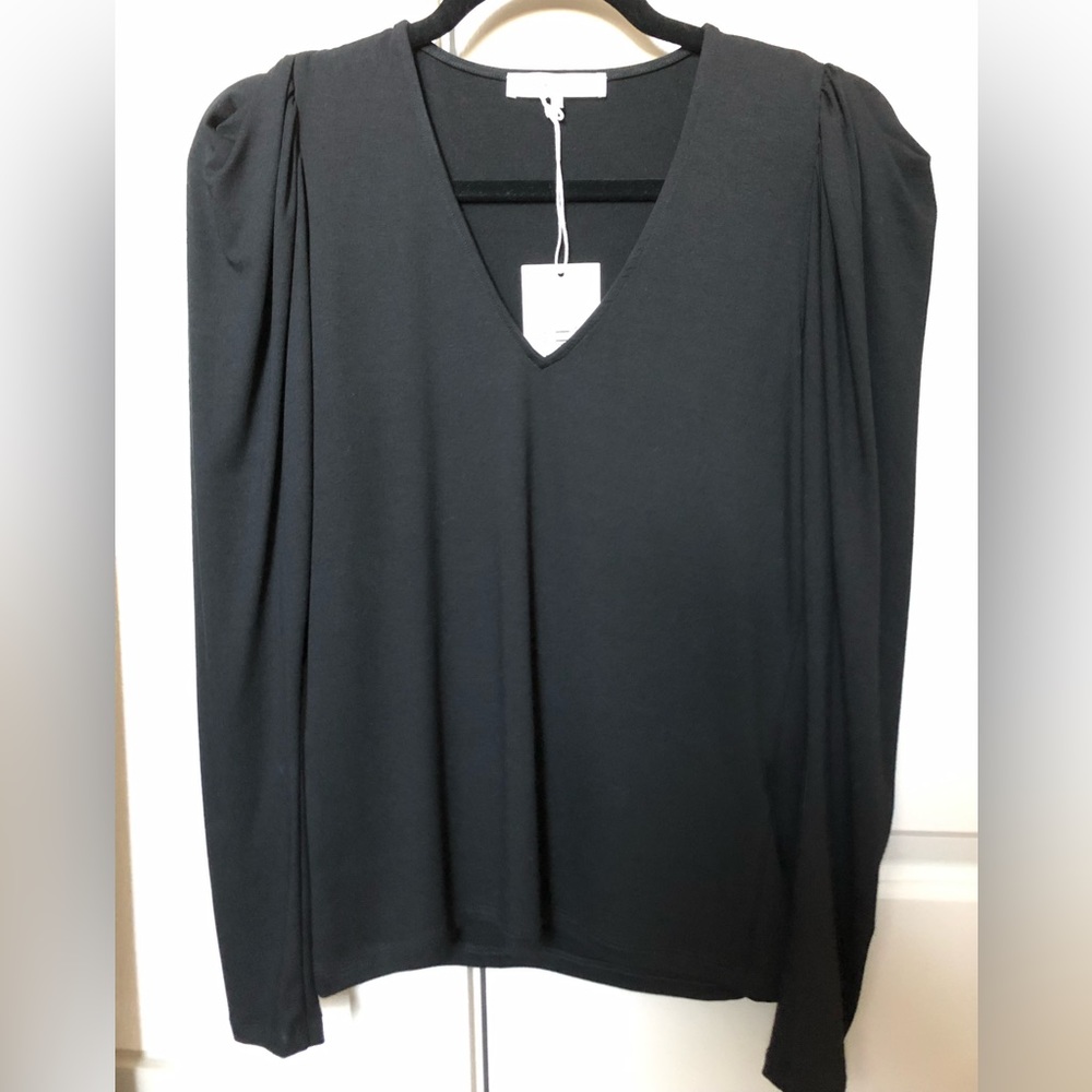 FRAME black knit v neck top with design sleeves